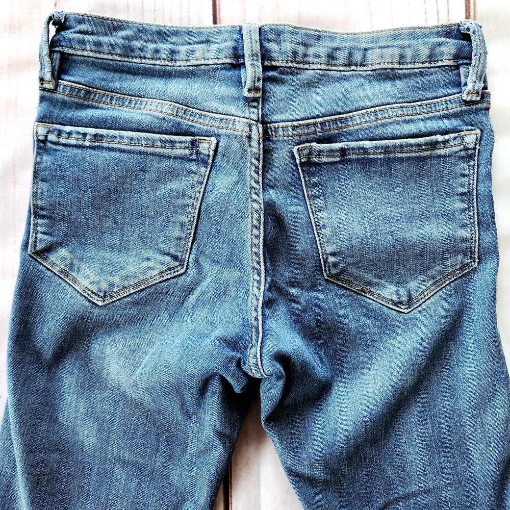 Free People Straight Leg Mid Rise Raw Hem Cropped Blue Jean | Women's Size 25 - Picture 6 of 12